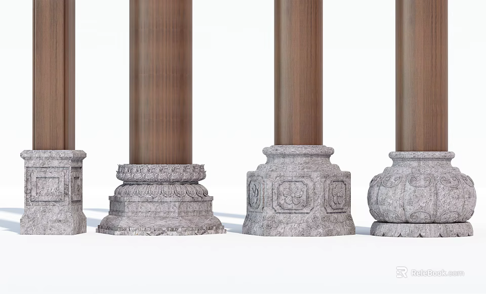 Various Wooden Columns With Carved Stone Bases And Decorative Patterns 3d model