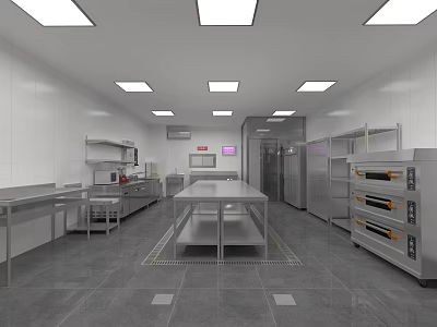 Spacious Commercial Kitchen With Stainless Steel Worktables Ovens And Storage Cabinets 3d model