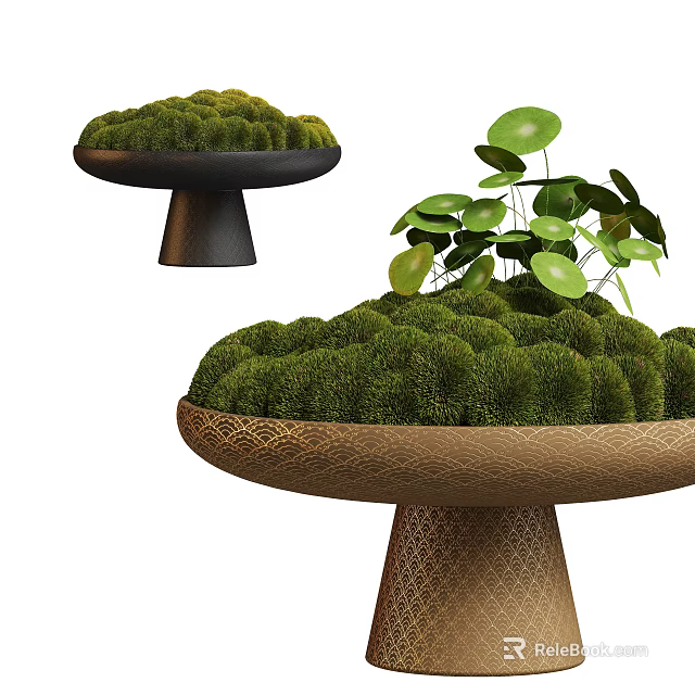 Decorative Bonsai Plant Pot with Moss and Leafy Green Plants on Textured Black Brown Pedestals 3d model 