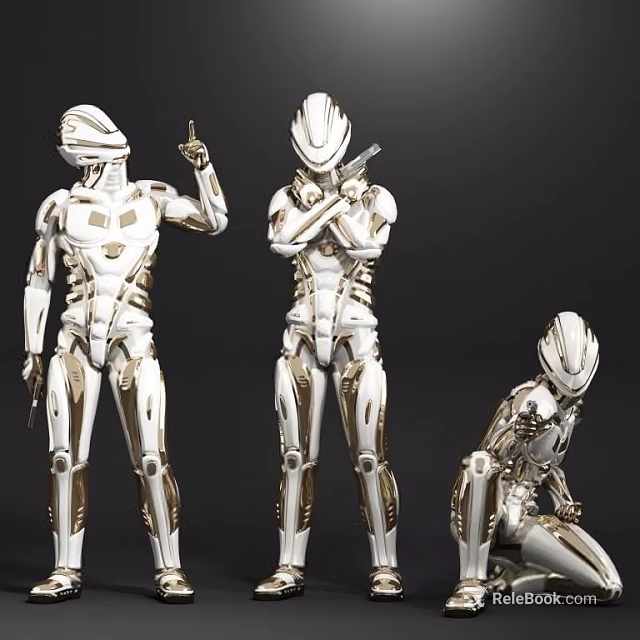 Smart Machines In Metallic Silver Armor With Standing Pointing Crossing Arms And Squatting Poses 3d model 