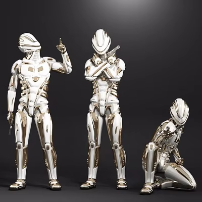 Smart Machines In Metallic Silver Armor With Standing Pointing Crossing Arms And Squatting Poses 3d model
