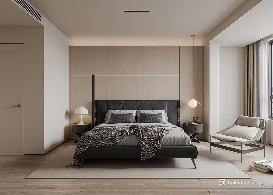 Modern Bedroom Interior Design With Wooden Wall Paneling Black Headboard Gray Bedding And Accent Chair 3d model 