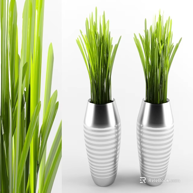 Fresh Green Bonsai Potted Plants in Silver Striped Vases for Indoor Decor 3d model 