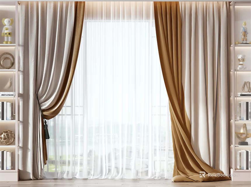 Brown And Beige Curtains With Sheer Layers And Tassel Tiebacks For Living Room Window 3d model 