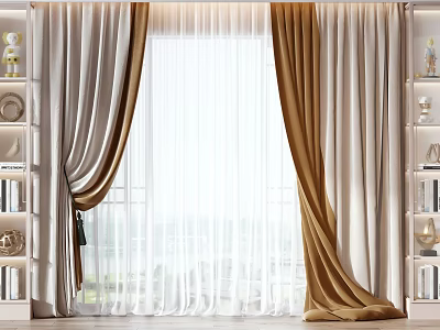 Brown And Beige Curtains With Sheer Layers And Tassel Tiebacks For Living Room Window 3d model