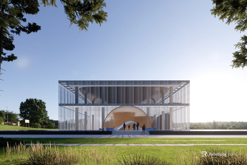 Modern Glass Curtain Wall Building Featuring Circular Entrance Green Grass And Trees Under Blue Sky 3d model 