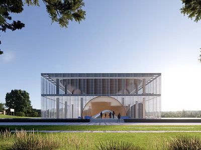 Modern Glass Curtain Wall Building Featuring Circular Entrance Green Grass And Trees Under Blue Sky 3d model