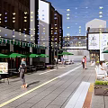 Modern Commercial Street With Pedestrians Green Umbrellas Star Decorations Tables Chairs And Plants