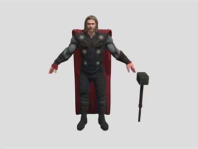 Man in Black Outfit With Metal Details Wearing Red Cape Holding Hammer 3d model