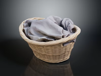 Wicker Storage Basket Containing Soft Gray Cloth For Daily Household Items 3d model