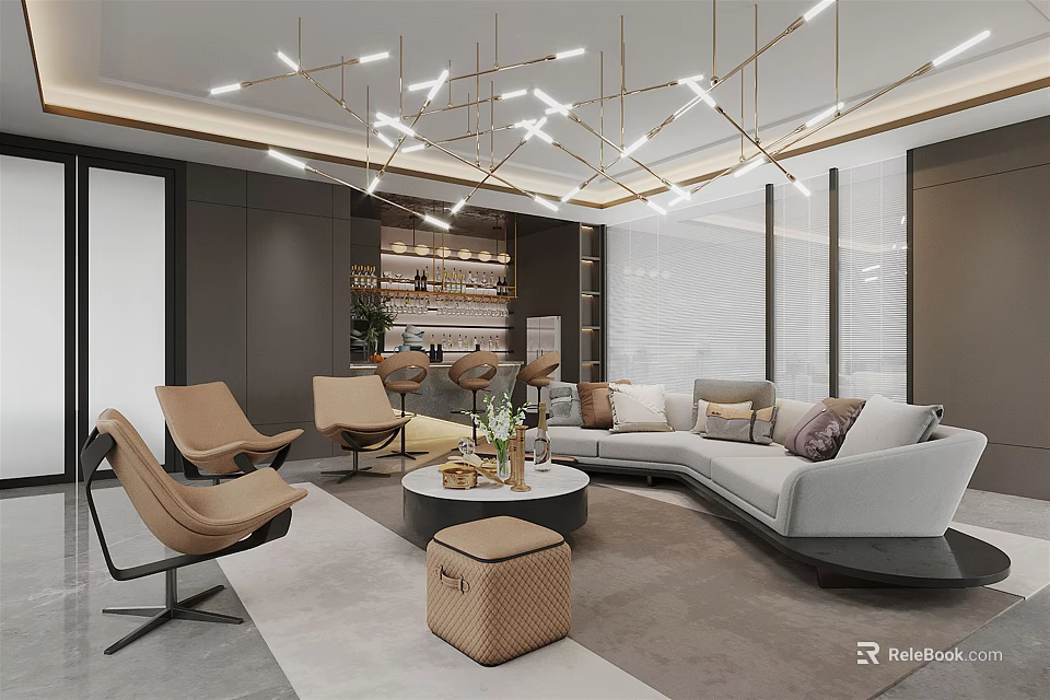Modern Lounge Area Interior With Sectional Sofa Accent Chairs Coffee Table And Chandelier 3d model