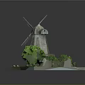 Detailed 3D Windmill Model With Stone Base Surrounding Green Plants And Path