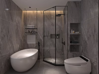 Modern Luxury Gray Marble Bathroom With Freestanding Bathtub Smart Toilet And Glass Shower Enclosure 3d model
