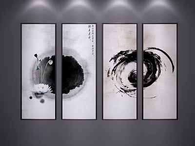 Minimalist Abstract Paintings With Ink Wash Circular Patterns And Lotus Elements 3d model