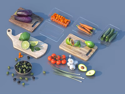 Fresh Vegetables and Clear Plastic Containers on Cutting Boards with Scattered Produce 3d model