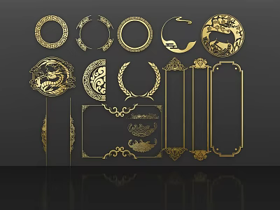 Gold Decorative Lines With Circular Patterns Dragon Motifs And Traditional Borders 3d model