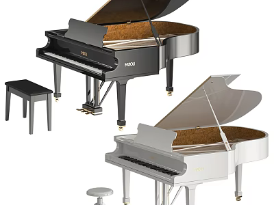Black and White Grand Pianos with Matching Stools and Art Painting Tools 3d model