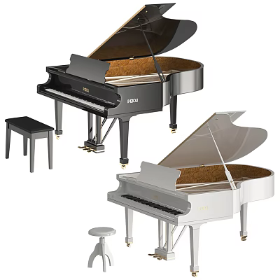 Black and White Grand Pianos with Matching Stools and Art Painting Tools 3d model