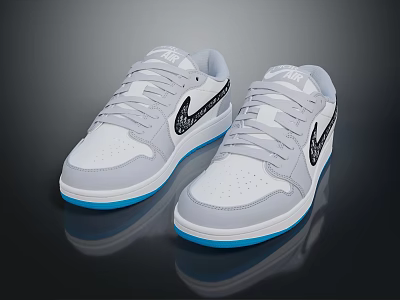 White And Gray Nike Low Top Sneakers With Blue Sole And Black Logo 3d model