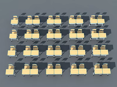Multiple Yellow Study Desks with Chairs Neatly Arranged on Gray Background 3d model