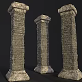 Three Textured Stone Columns With Square Bases And Decorative Tops 3d model