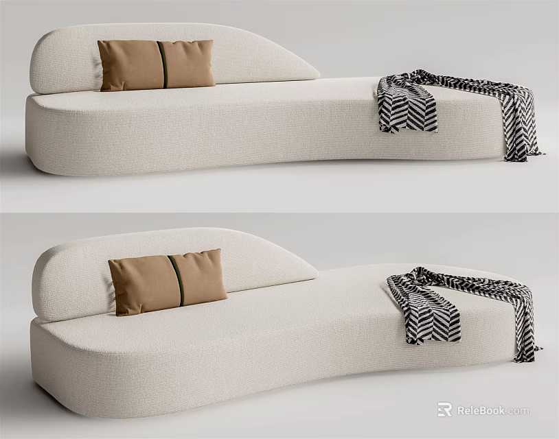 Cream Colored Woven Multi person Sofa with Curved Design Brown Cushions and Striped Blanket 3d model 