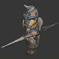Armored Fantasy Warrior Character With Blue Purple Gold Decorations Holding Shield And Spear
