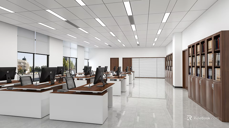 Modern Public Office Space Interior With Desks Computers Windows Bookcases And Ceiling Lighting 3d model