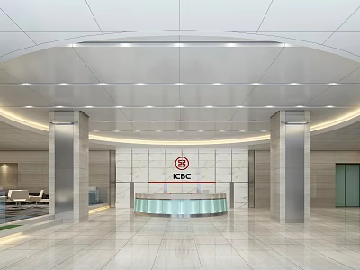 Modern Service Hall Featuring Circular Reception Desk Marble Walls Metal Columns Spacious Layout Bright Lighting 3d model