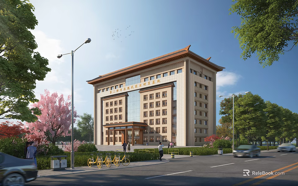 Traditional Chinese Style Office Building With Beige Facade Glass Windows And Cherry Blossom Trees 3d model 