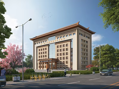 Traditional Chinese Style Office Building With Beige Facade Glass Windows And Cherry Blossom Trees 3d model