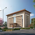 Traditional Chinese Style Office Building With Beige Facade Glass Windows And Cherry Blossom Trees
