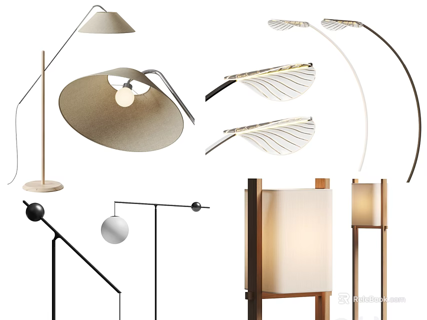 Modern Contemporary Floor Lamps With Various Arc Designs Fabric Shades And Wooden Frames 3d model 