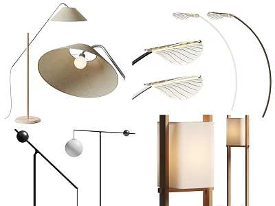 Modern Contemporary Floor Lamps With Various Arc Designs Fabric Shades And Wooden Frames 3d model