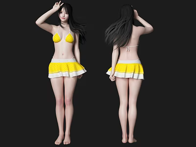 Woman Wearing Yellow Bikini Top And Yellow White Skirt Front Back Views Black Background 3d model