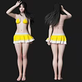 Woman Wearing Yellow Bikini Top And Yellow White Skirt Front Back Views Black Background