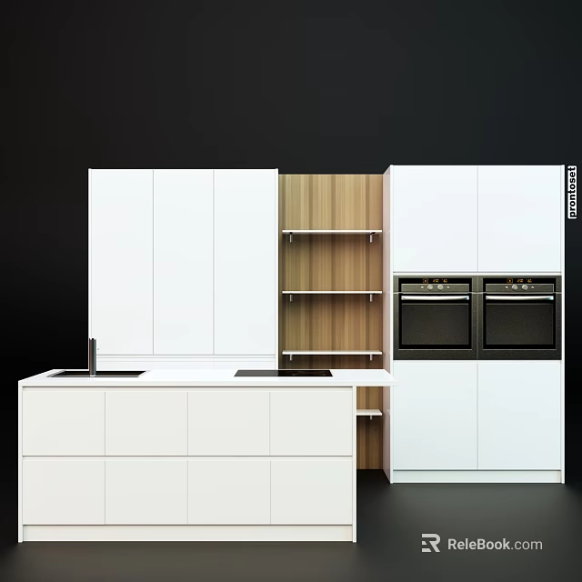 Modern Kitchen With White Cabinets Wooden Shelves Double Ovens And Island 3d model 