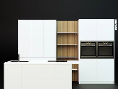 Modern Kitchen With White Cabinets Wooden Shelves Double Ovens And Island 3d model