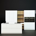 Modern Kitchen With White Cabinets Wooden Shelves Double Ovens And Island