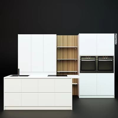 Modern Kitchen With White Cabinets Wooden Shelves Double Ovens And Island 3d model