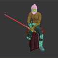 Bald Bearded Shirtless Character In Black Pants Sitting With Metal Arm Guards And Pink Sword