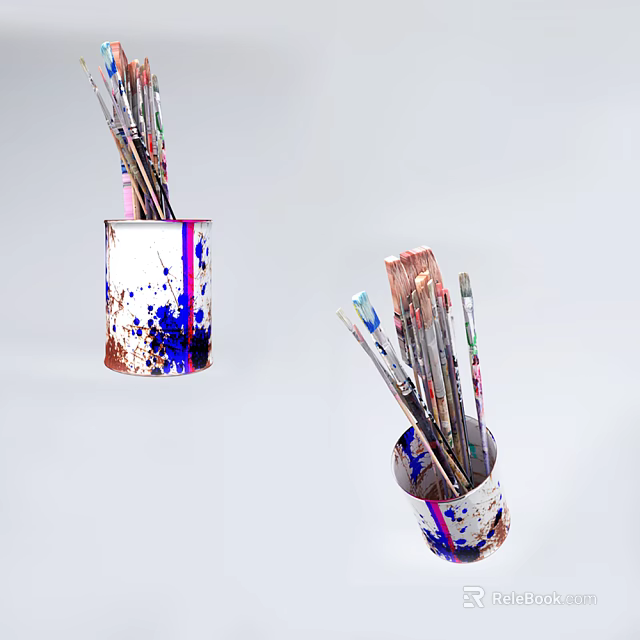 Assorted Paintbrushes in Paint Cans With Blue Red White Splatters 3d model 