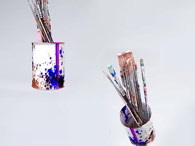 Assorted Paintbrushes in Paint Cans With Blue Red White Splatters 3d model