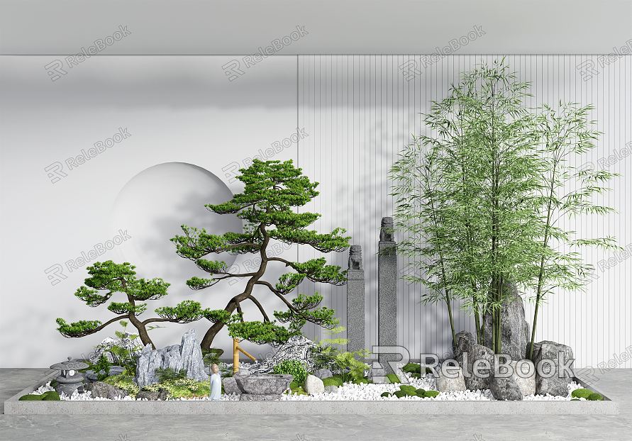 New Chinese style landscape sketch courtyard landscape sketch pine potted rockery stone bamboo model