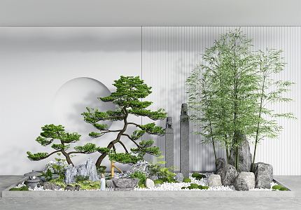 New Chinese style landscape sketch courtyard landscape sketch pine potted rockery stone bamboo 3d model