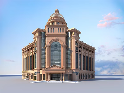 Elegant Classical Hotel Building With Dome Arched Windows And Beige Facade 3d model
