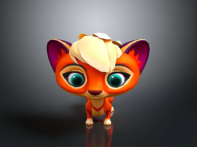 Cute 3D rendered cartoon fox character with orange body purple ears and big green eyes 3d model