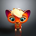 Cute 3D rendered cartoon fox character with orange body purple ears and big green eyes