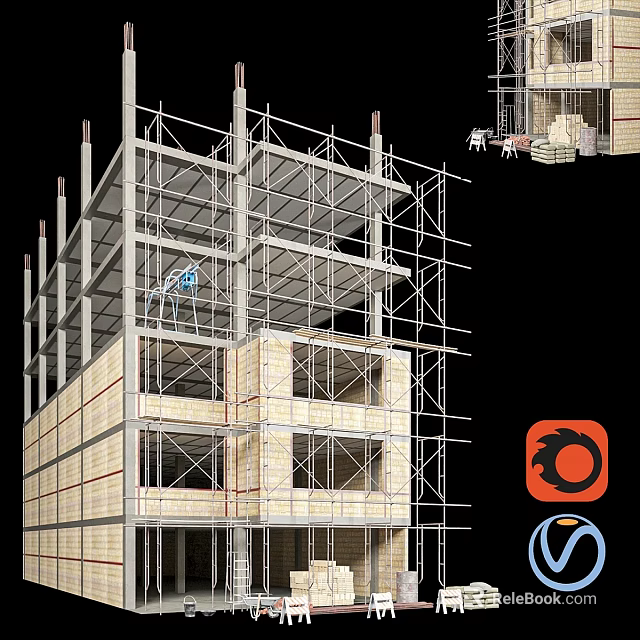Residential Building Under Construction Featuring Scaffolding Steel Frame And Masonry Walls 3d model 