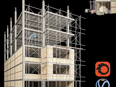 Residential Building Under Construction Featuring Scaffolding Steel Frame And Masonry Walls 3d model
